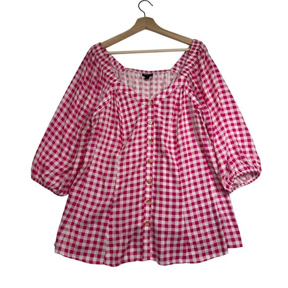 Torrid Fit & Flare Rayon Slub Button Up 3/4 Sleeve Gingham Peasant Top Size 1X - Picture 3 of 15